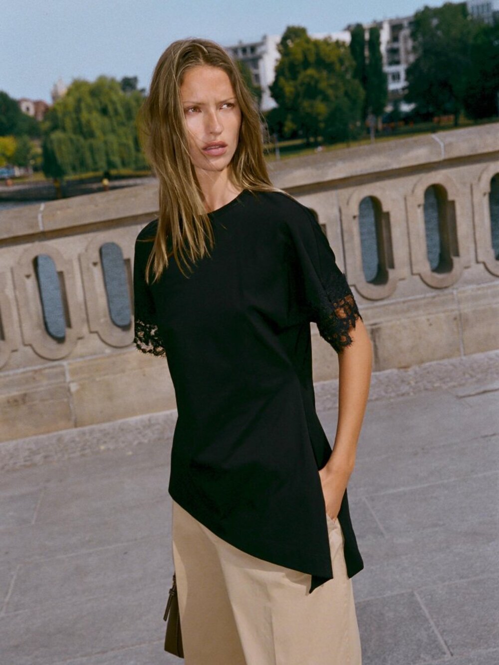 Share Zara Black Asymmetric Lace T-Shirt Size Small Short Sleeve Top Cotton EU